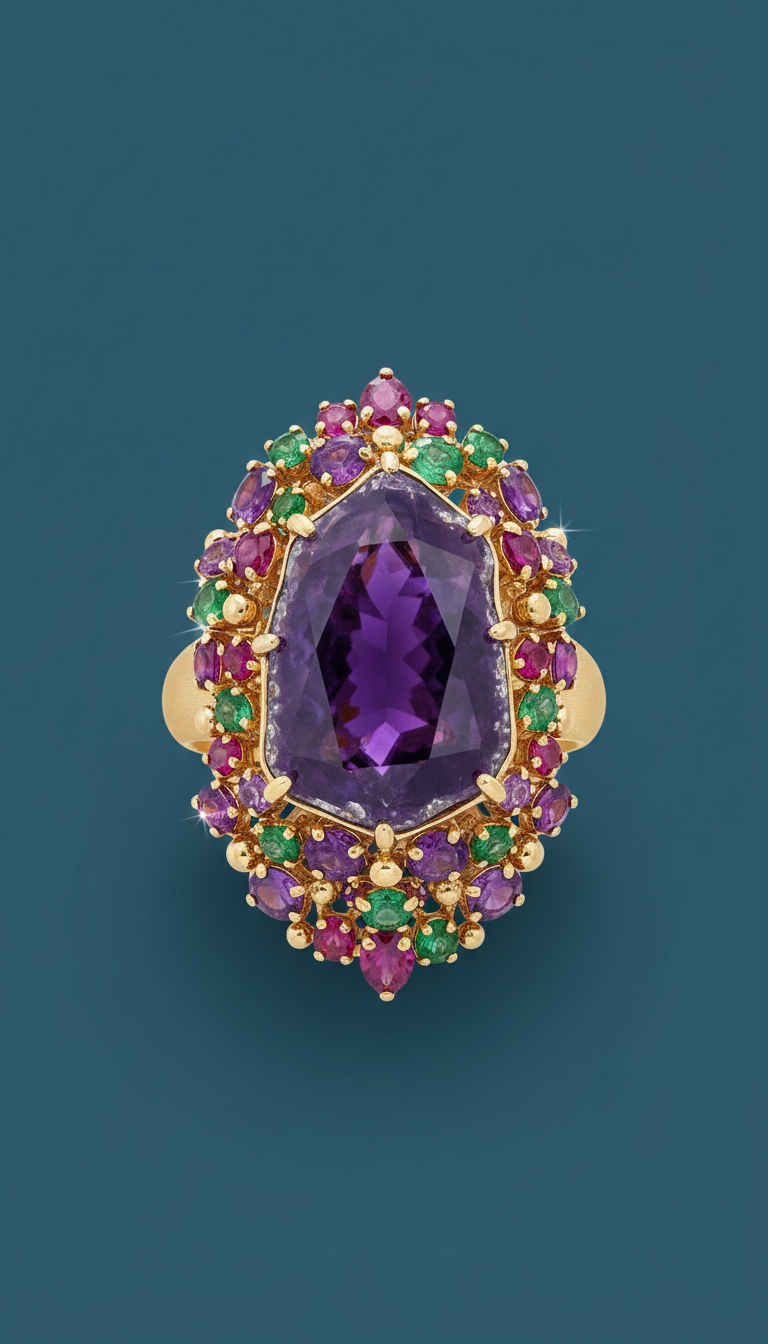Amethyst cocktail ring with sculptural prongs